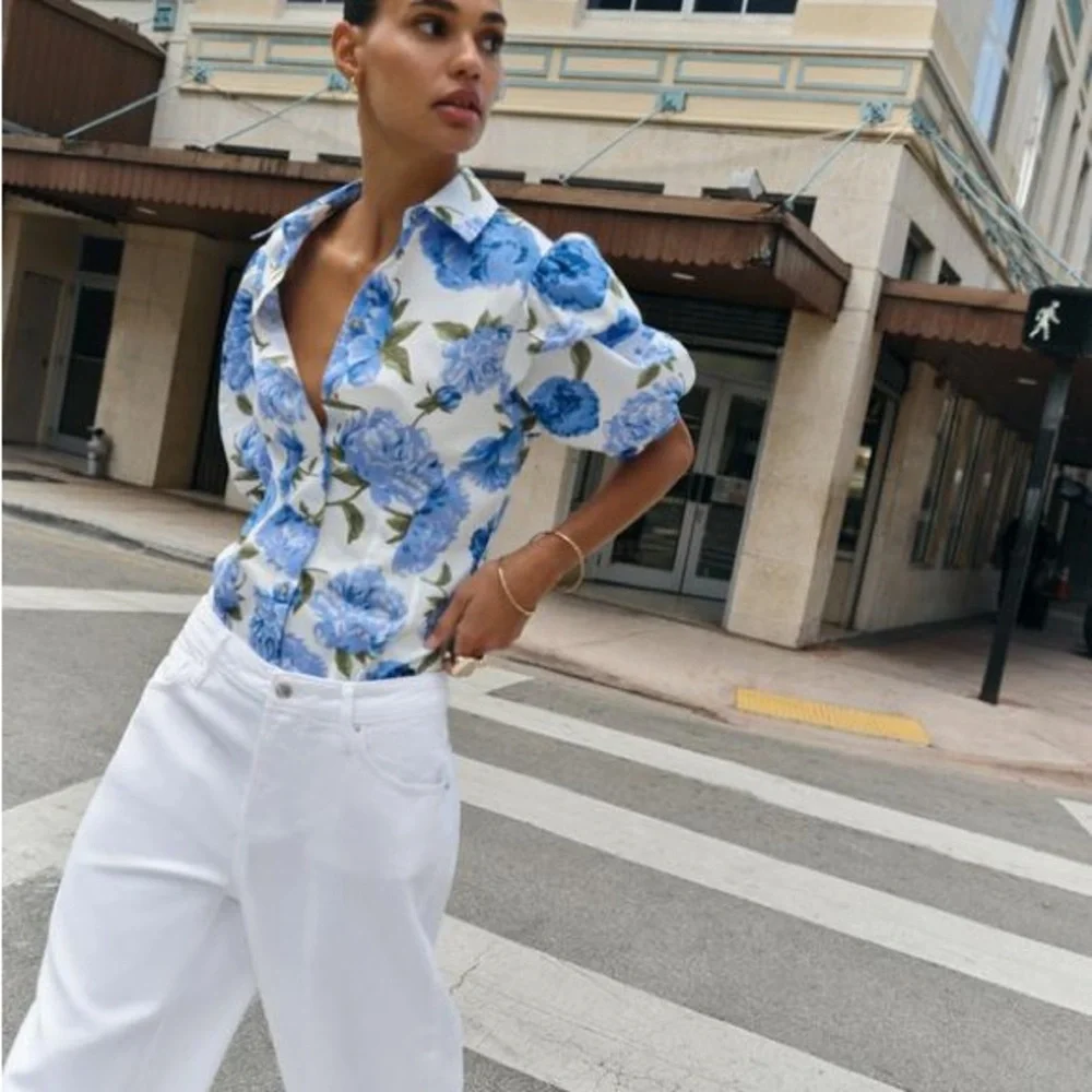 Zara White Blouse with Blue Floral Print